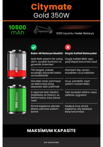 Citymate Gold 350w / 36v 10500mAh Elektrikli Scooter Bataryası