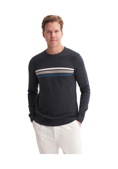 Cazador Soft Touch Slim Fit Basic Çizgi Baskılı Bisiklet Yaka Kazak Lacivert