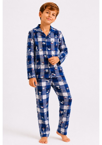Free Beka Erkek Çocuk Önden Düğmeli Kareli Ve Karakter Desenli Uzun Kollu Pijama Takımı Lacivert