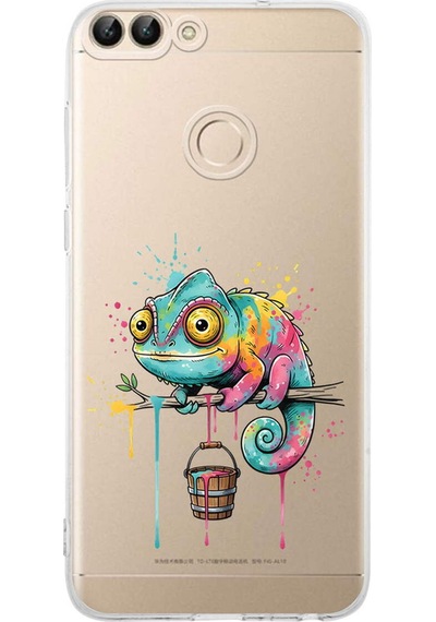 Huawei P Smart 2018 İle Uyumlu Splash Bukalemun Tasarımlı Şeffaf Silikon Kılıf Şeffaf
