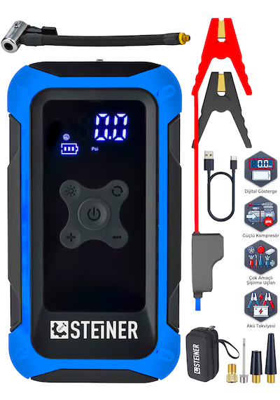 Steiner 16.000 Mah 4'ü 1 Arada 10 Bar Dijital Göstergeli Powerbank Led Fener Şarjlı Akü Takviye Cihazı Hava Kompresörü Mavi