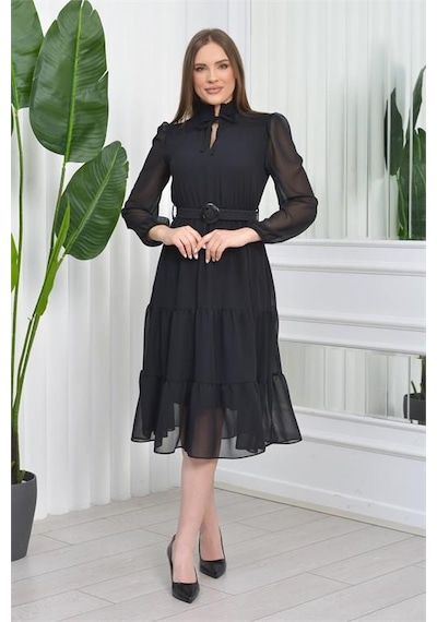 Dip Moda Kadın Kemerli Midi Boy Gipeli Şifon Elbise Dpnb7156 - Siyah Siyah Dip Moda Kadın Kemerli Midi Boy Gipeli Şifon Elbise Dpnb7156 - Siyah Siyah