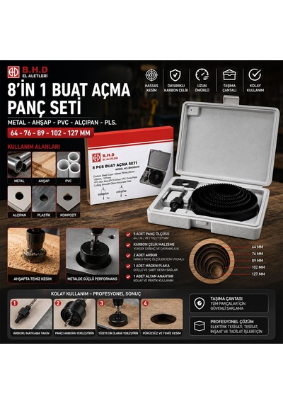 B.h.d El Aletleri Bhd Bhd-00264 Buat Açma Panç Seti 64-73-89-102-127mm 8in1 Pls Metal Ahşap Pvc diğer
