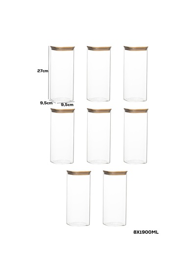 Porsima 7-4 Bambu Vakumlu Kapaklı Kare Borsilikat Cam 8li Kavanoz Seti Saklama Kabı 1900ml 9,5x27cm