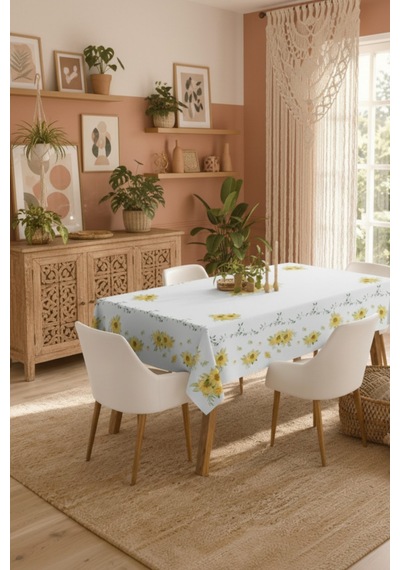 Vivanni Home Yıkanabilir Dikdörtgen Masa Örtüsü Günlük Kullanıma Uygun Pratik Ve Uzun Ömürlü Ayçiçeği Beyaz