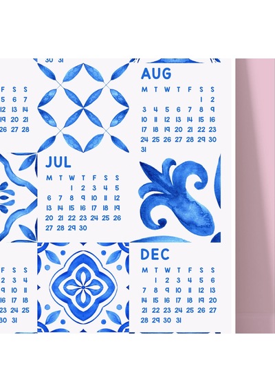 2027 Azulejo Duvar Takvimi Portekiz Mavi Karo Sanatı Suluboya Akdeniz Desenleri