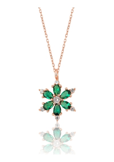 Zanaatsilver 925 ayar Gümüş Zincirli Yeşil taşlı Rose kaplama Lotus Kamelya Çiçeği kolye