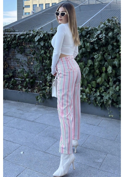 WeShaya Kadın Pembe & Ekru Çizgili, Yüksel Bel, Klasik Kesim, Boru Paça Pantolon Pembe