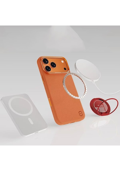 Apple Uyumlu iPhone 17 Pro Max Kılıf M-safe Şarj Özellikli Polimerik Deri Urban Nano Kapak Turuncu Turuncu