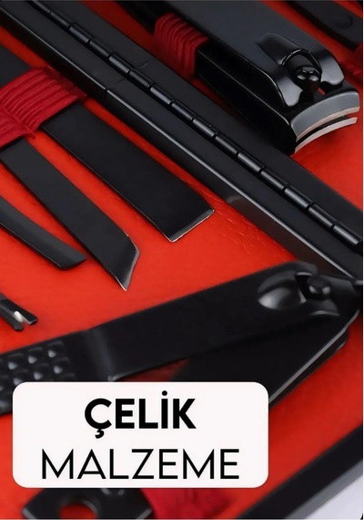 12 Parça Manikür Pedikür Seti Paslanmaz Çelik Deri Çantalı Siyah Tırnak Makası Bakım Seti