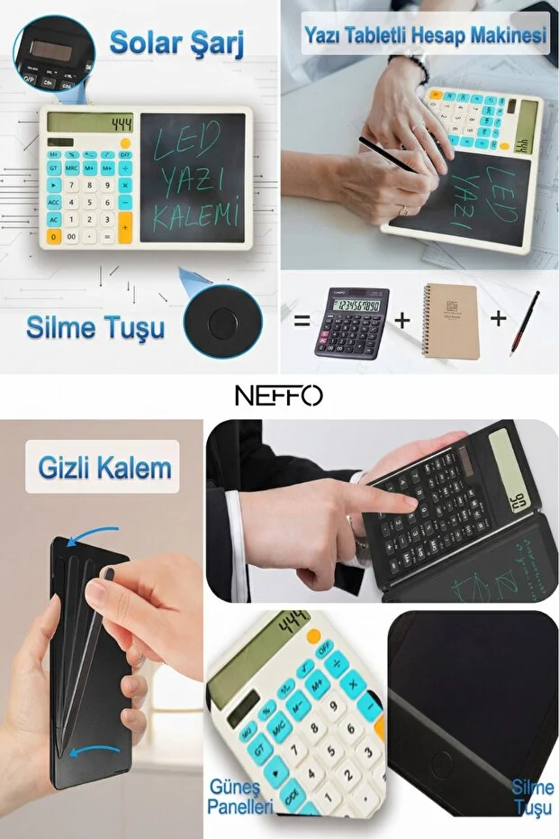 Güneş Enerjili Hesap Makinesi Yazı Tableti 12 Haneli Lcd Ekran Silinebilir Dijital Beyaz