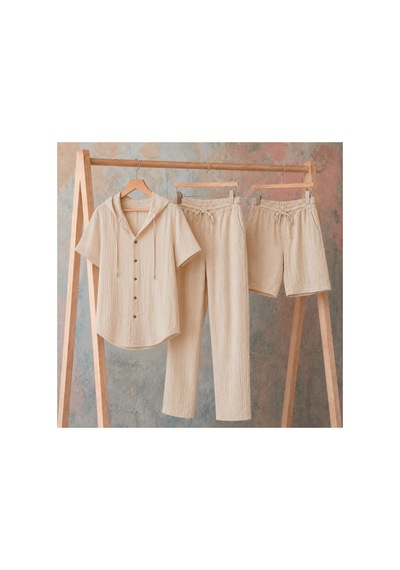 Erkek Müslin Kapşonlu 3'set Gömlek-şort-pantalon Bej