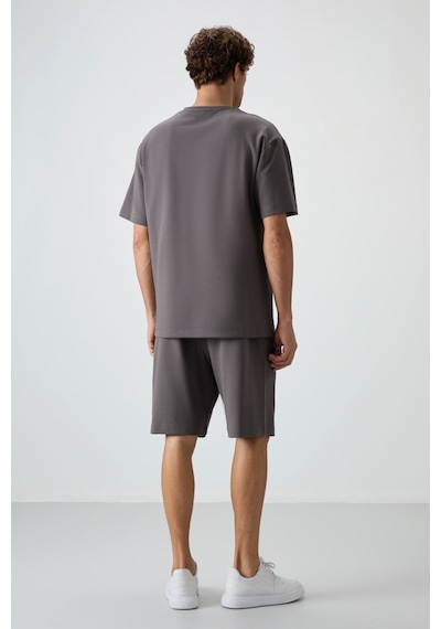 Tommy Life Koyu Gri Pamuklu Kalın Yumuşak Dokulu Oversize Fit Basic Erkek Şort Takım - 85249