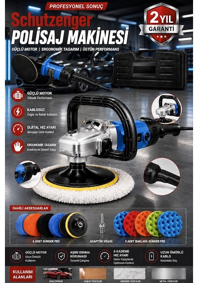 Px12 Devir Ayarlı Polisaj Makinesi Bakır Sargı 12 Parça Ped Seti 2000w 180mm Profesyonel Mavi 7c1