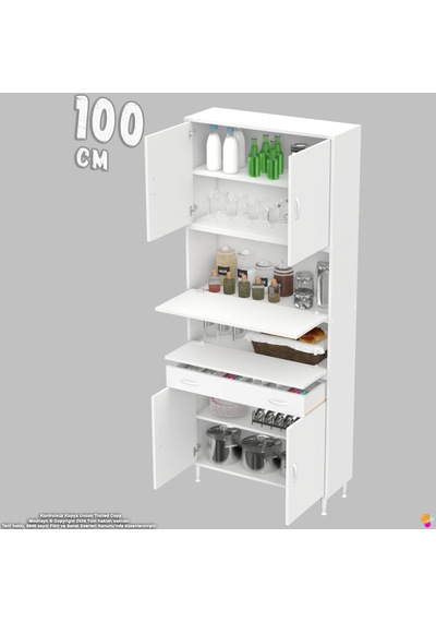 Modilayn Ece Kapaklı Çekmeceli Çok Amaçlı Kiler Dolabı - Mutfak Ve Kahve Köşesi 100 Cm Beyaz