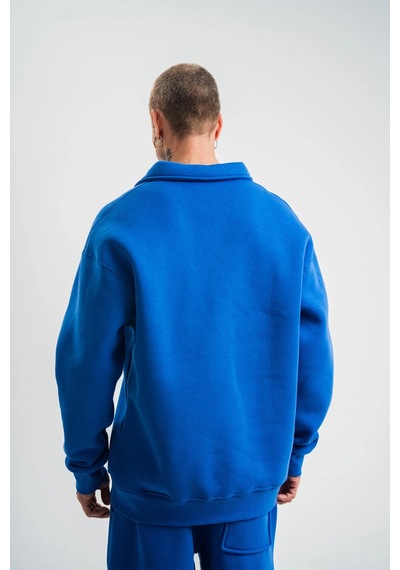 Erkek Patlı Yaka Üç İplik Pamuklu Sweatshirt Double Oversize Rahat Kalıp Günlük Kullanım - Mavi Mavi