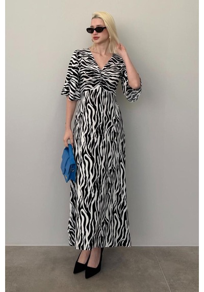 Madmext Siyah Zebra Desenli V Yaka Yarım Kollu Elbise Mg2394 Siyah