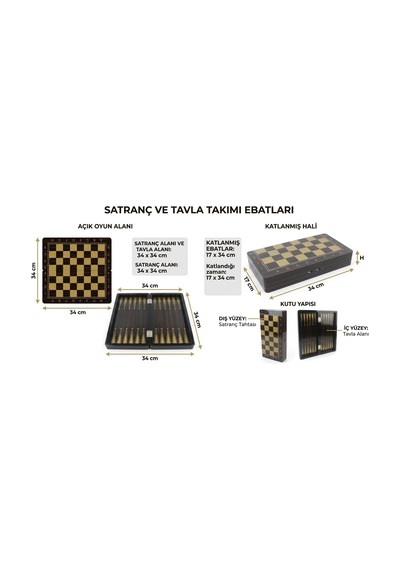 Kişiye Özel İsim Yazılabilir Lüks Ahşap 3'ü 1 Arada Satranç Dama Tavla Seti 34cm Premium Oyun Takımı