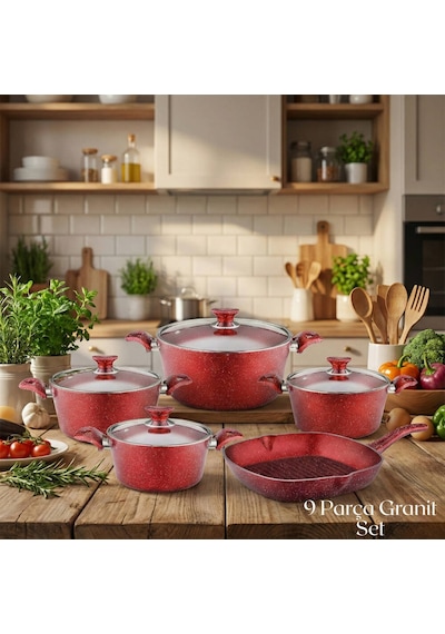 9 Parça Granit Set Cam Kapak - Kırmızı Kırmızı