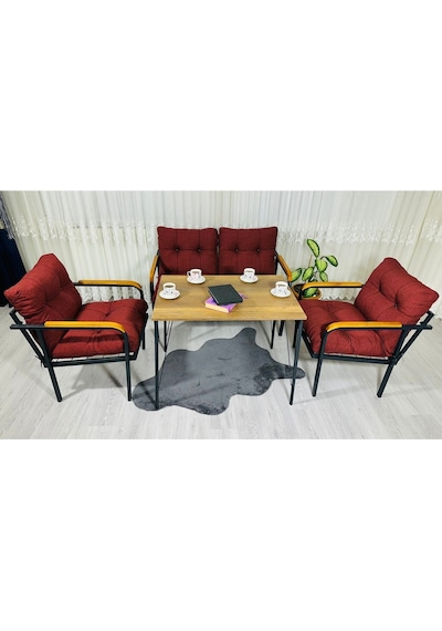 Madame Home Kadife Balkon, Bahçe,teras,cafe - Salon - Metal Kanepe Koltuk Takımı - 2+1+1 + Masa Bordo