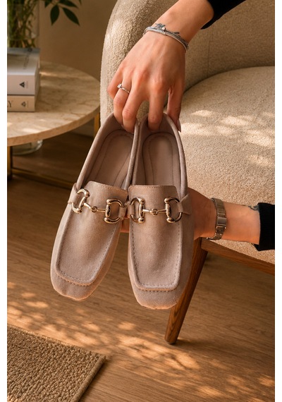 Kadın Loafer Makosen Metal Tokalı Nubuk Günlük Ayakkabı Bej