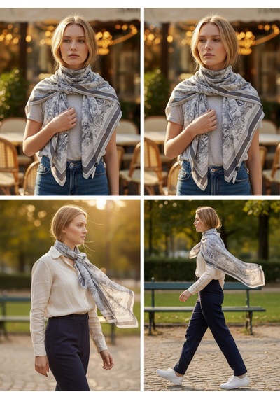 Miorel Scarfs Safari Tema Çift Taraflı Vual İpek Eşarp Silk Scarf Hijab Aksesuar Fular Cd Desen Gri