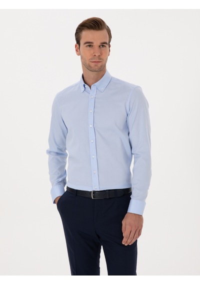 Cacharel Açık Mavi Slim Fit %100 Pamuk Yakası Düğmeli Oxford Gömlek Denım