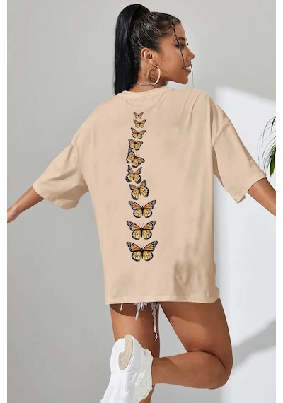 Unisex Sırt Kral Kelebek Baskılı Tasarım Tshirt Bej