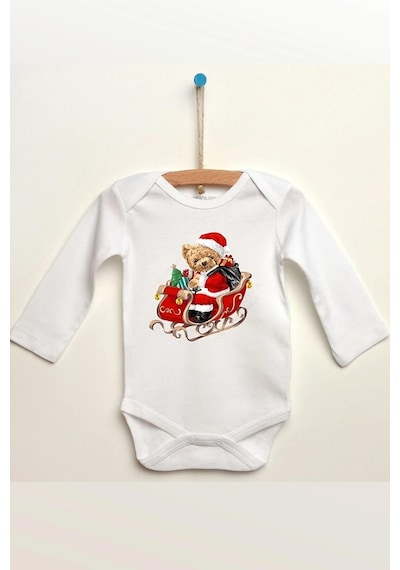Hediyenza Teddy Bear Christmas Özel Tasarım Bebek Zıbın Pamuklu Çıtçıtlı Body Beyaz