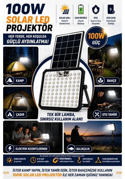 100w Solar Led Projektör Usb Powerbank Özellikli Şarjlı Kamp Lambası Ip65 Su Geçirmez Bahçe Ve Acil