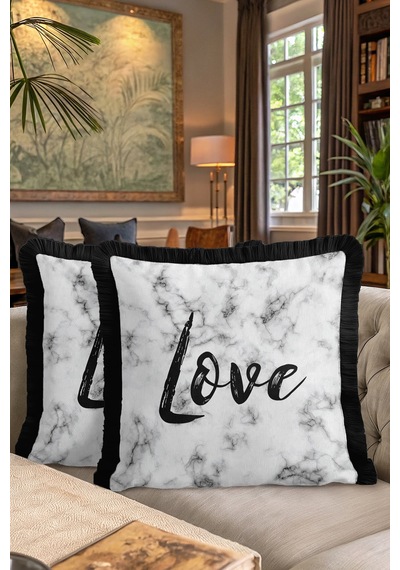 Mermer Efektli Love Saçaklı Yastık Kılıfı - Modern Siyah Beyaz Püsküllü Kırlent Kılıfı Doygun Kanyon Kabak