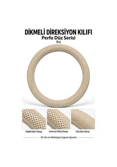 Trobus Mitsubishi L200 2015-2023 Uyumlu Dikmeli Direksiyon Kılıfı Perfo Düz Delikli Deri Bej