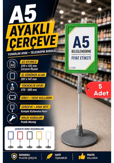 5 Adet - A5 Ayaklı Menü Ve Fiyat Bilgi Standı Yuvarlak Tabanlı Teleskopik Çerçeve Etiketlik Yeşil