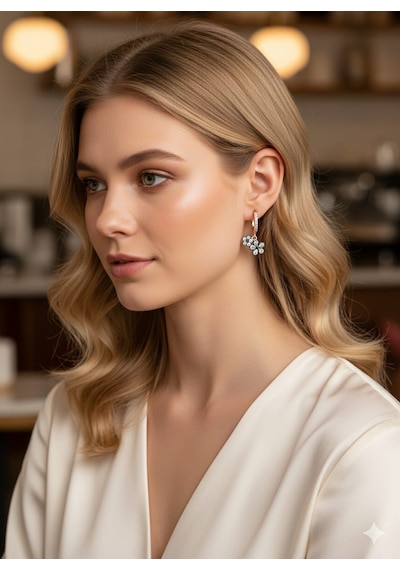 925 Ayar Papatya Silver Elmas Taşlı Çiçek Küpe.elmas Montürlü Çiçek Küpe.rose.gold.rodaj Gümüş