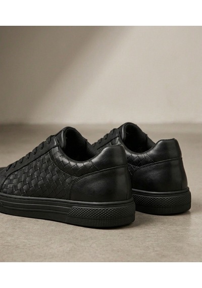 Growish Gd0111 Hakiki Deri Yüksek Taban Modern Örgü Desen Yüksek Eva Taban Siyah Sneaker Ayakkabı Siyah - Siyah