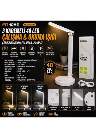 3 Kademeli 40 Led Çalışma Okuma Işığı Şarjlı Dokunmatik Çalışma Masa Lambası Beyaz
