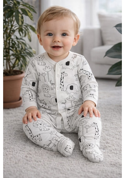 Baby Desenli Çıtçıtlı Tulum Beyaz
