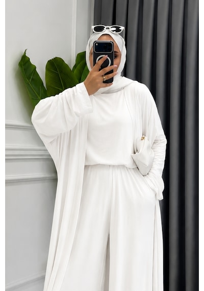 Balenbi Kadın Viskon Penye Uzun Hırka Bluz Geniş Paça Pantolon Abaya Takım 3791 Beyaz