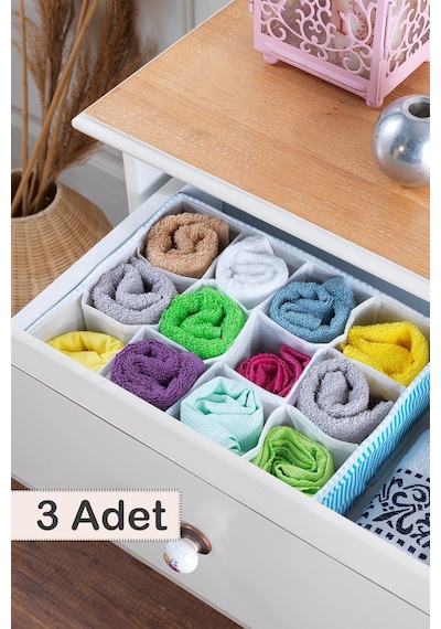 3 Adet Home 12 Bölmeli Çekmece İçi Düzenleyici Organizer Beyaz/mavi