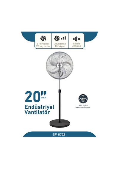 Sinbo Sf-6792 Ayaklı Vantilatör 20 İnç 130w Endüstriyel Fan 3 Kademeli Sessiz Güçlü 360 Ayarlanabilir