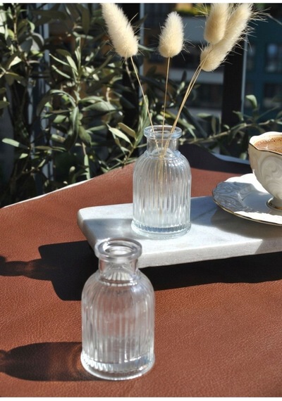 12 Adet Çizgili Mini Vazo 7,5 Cm Kahve Yanı Küçük Dekoratif Vazo 35 Ml Şeffaf