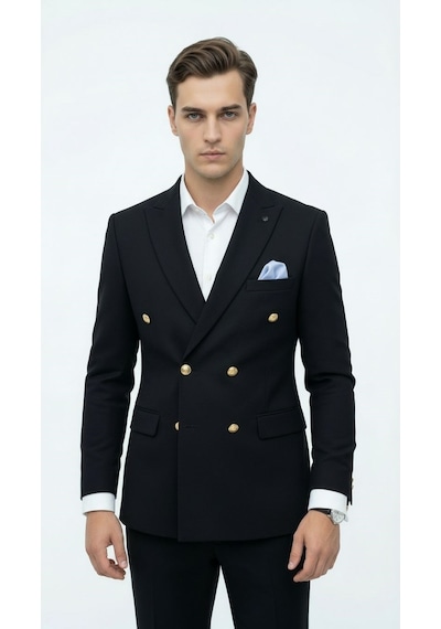 Plus Scorpion Erkek Kruvaze Blazer Ceket Slim Fit Premium Dokulu Şık Klasik Ceket Siyah