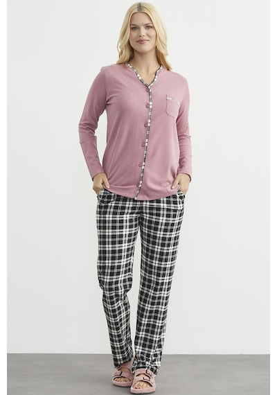 Sementa Ekose Kombinli Düğmeli Pijama Takım - Gül Kurusu Gül Kurusu