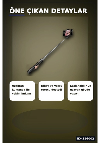 Bluetooth Selfie Çubuğu Led Işıklı Katlanabilir 130 Cm Uzaktan Kumandalı Bx-316002 diğer