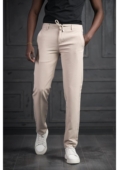 Perpant Beli Lastikli Ve İplikli Likralı Slimfit Yazlık Kumaş Jogger Pantolon Krem