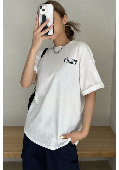 Unisex Optimistic Baskılı Tasarım Tshirt Beyaz