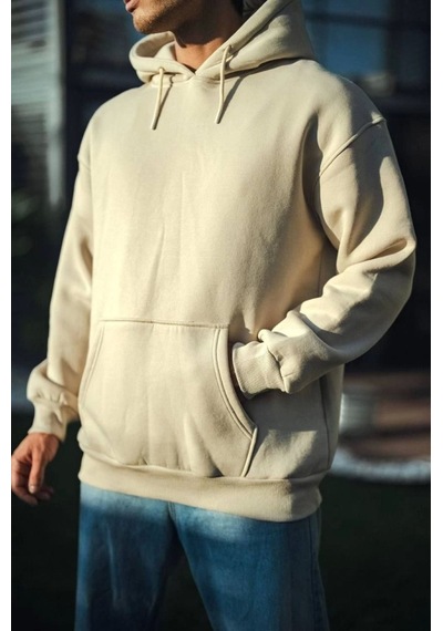 Efnaz Style Üç İplik Penye Kapşonlu Basic Sweatshirt - Bej