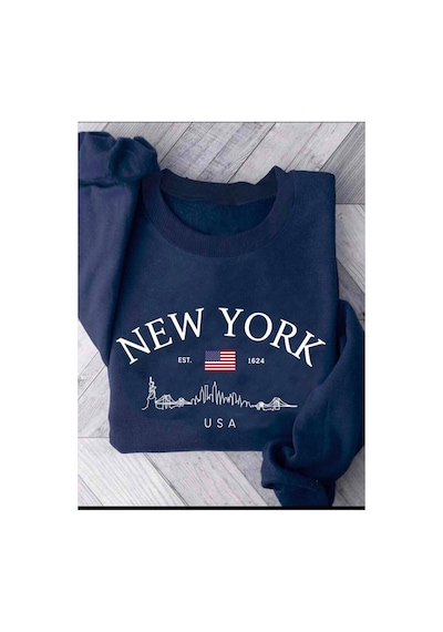 Herkesemoda Newyork Baskılı 2 İplik Şardonlu Bisiklet Yaka Sweatshirt Lacivert