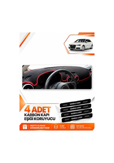 Audi A3 2013-2020 Uyumlu Ön Torpido Koruma Koruyucu Kılıfı Halısı Örtüsü - Siyah Kırmızı