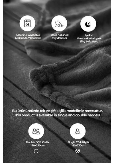 Evlen Home Mayer Supersoft Yumuşak Tek Kişilik Battaniye Yatak Örtüsü 150x230 Cm Antrasit Antrasit